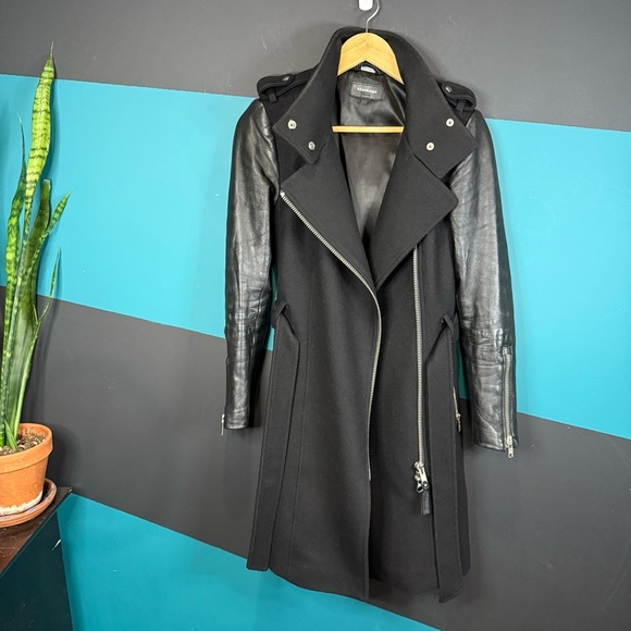 Mackage Dale Black Trench Coat with Leather Sleeves - Picture 6 of 16